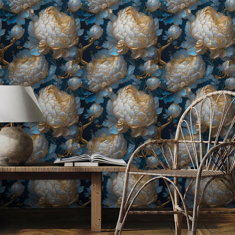 REDAMANCY Vintage Dark Navy Blue Gold White Peony Large Floral Peel and Stick Wallpaper Stick on Contact Paper Vintage Wall Paper Easy Peel Off for nightstand Drawer Cabinet Renter - Image 3