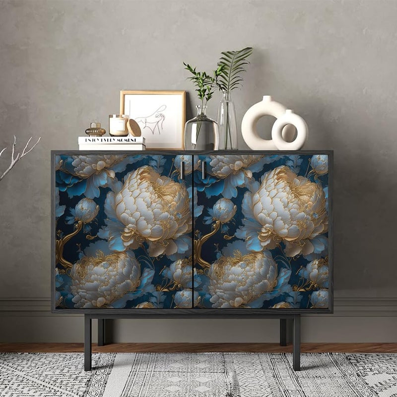REDAMANCY Vintage Dark Navy Blue Gold White Peony Large Floral Peel and Stick Wallpaper Stick on Contact Paper Vintage Wall Paper Easy Peel Off for nightstand Drawer Cabinet Renter - Image 4