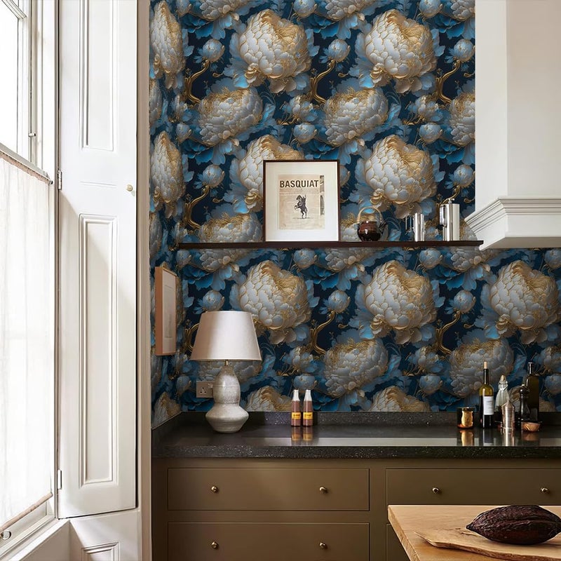 REDAMANCY Vintage Dark Navy Blue Gold White Peony Large Floral Peel and Stick Wallpaper Stick on Contact Paper Vintage Wall Paper Easy Peel Off for nightstand Drawer Cabinet Renter - Image 5