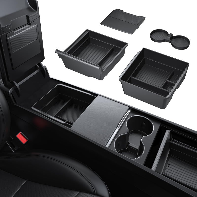 BASENOR 2026 Tesla Model Y Model 3 Center Console Organizer Tray, Cup Holder Armrest Hidden Storage Box for 2025 2026 Model Y Juniper 2024 2025 2026 Tesla 3 Highland - Image 1