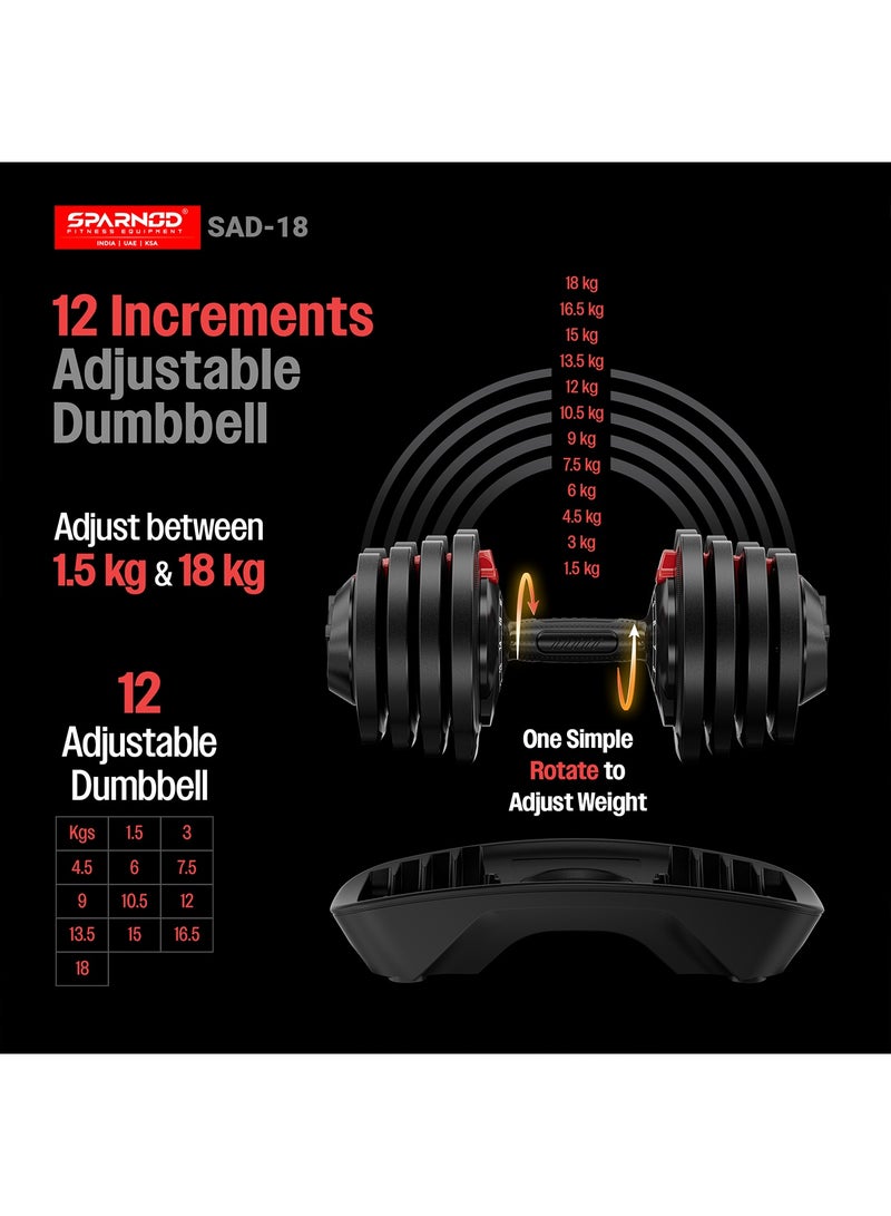 Sparnod Fitness مجموعة دمبل قابلة للتعديل SAD-18_PAIR من 2 (زوج) – 18 كجم لكل منهما مع 12 مستوى وزن (1.5–18 كجم)، قرص ضبط سريع، نظام قفل أمان، مقبض غير قابل للانزلاق، قاعدة سميكة، صالة رياضية منزلية كاملة الجسم - Image 2