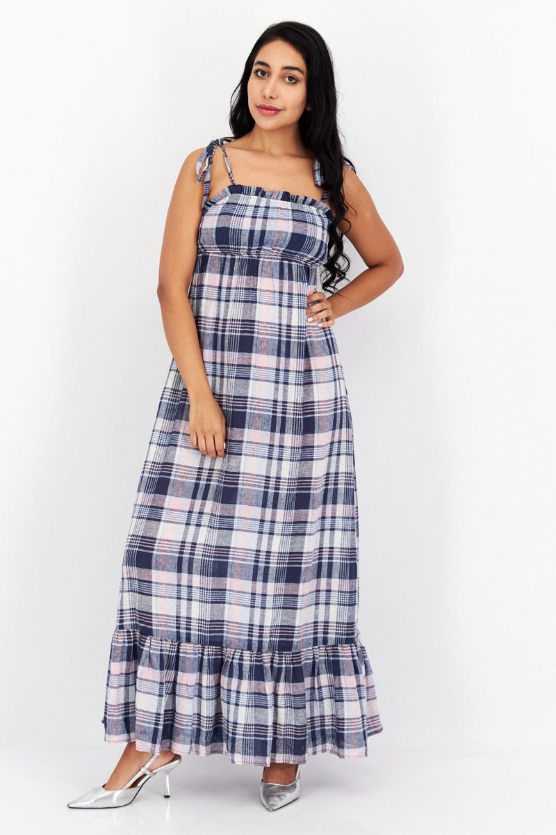 Aqua Women Checkered Maxi Dress, Navy Blue - Image 1