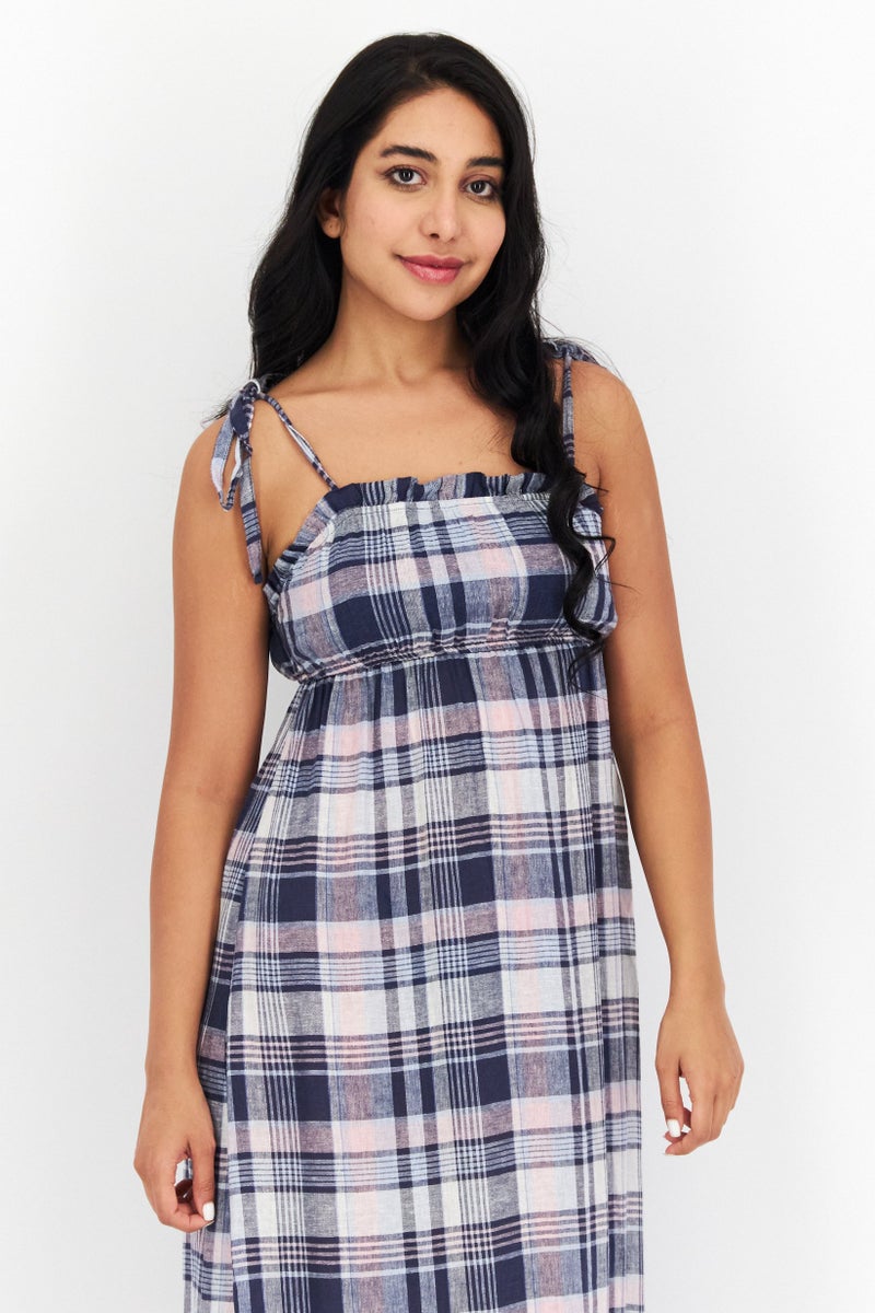 Aqua Women Checkered Maxi Dress, Navy Blue - Image 3