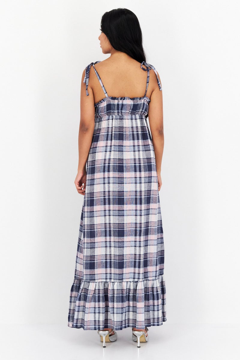 Aqua Women Checkered Maxi Dress, Navy Blue - Image 2