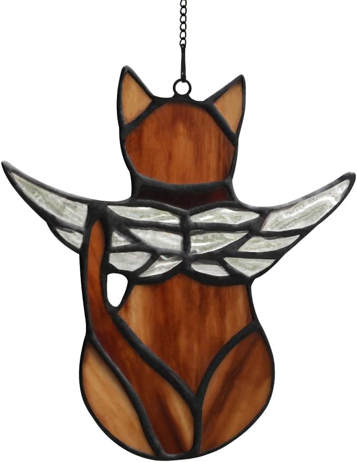 BOXCASA Brown Tabby Cat Memorial Gifts for Loss of Cat, Angel Wings Stained Glass Suncatcher, Pet Sympathy Gift for Cat Lovers, Window Hanging - Image 1