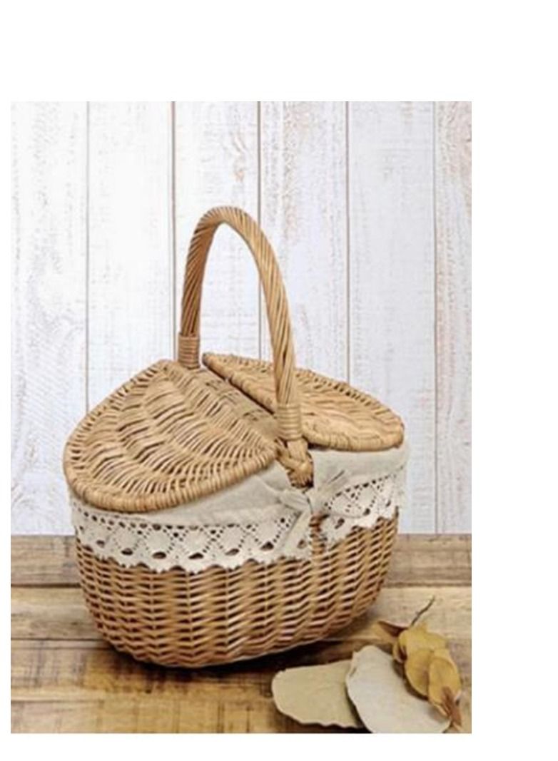 Hand Woven Fruits Rattan Basket with Holder Brown/White 38x28x38cm - Image 1