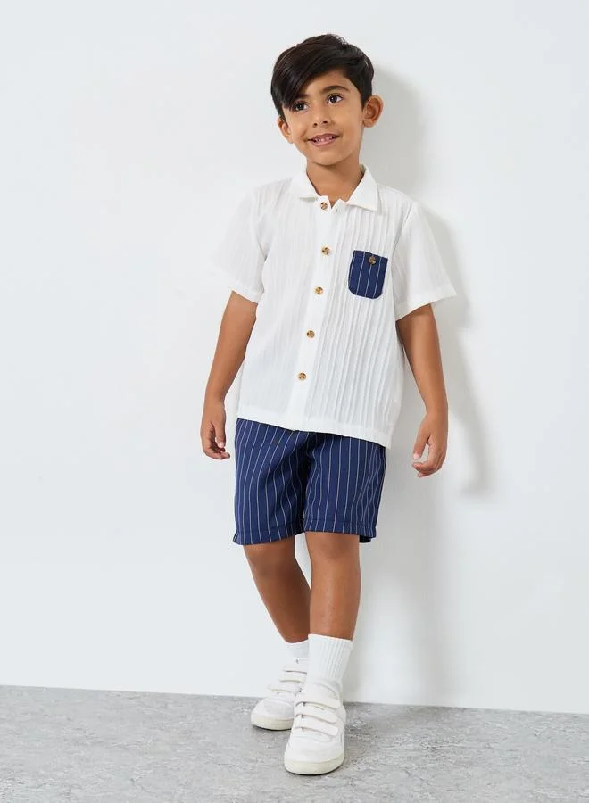 ستايلي Styli Textured Shirt and Striped Shorts Set