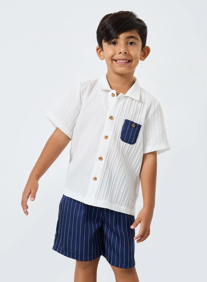ستايلي Styli Textured Shirt and Striped Shorts Set