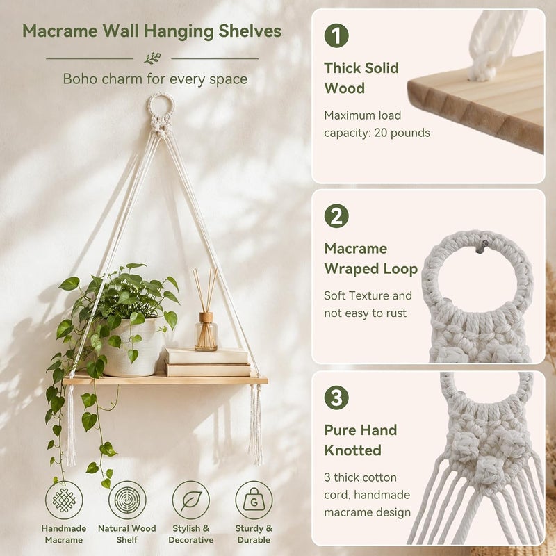 Artilady Boho Shelf Wall Decor Macrame Hanging Floating Shelves for Storage | Natural Wood Plant Shelf, Crystal Candle Holder for Small Space, Stable & Adjustable Length, Rustic Bedroom Living Room Decor - Image 4