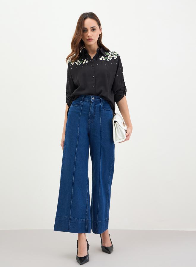 Styli Embroidered Shoulder Black Shirt - Image 2