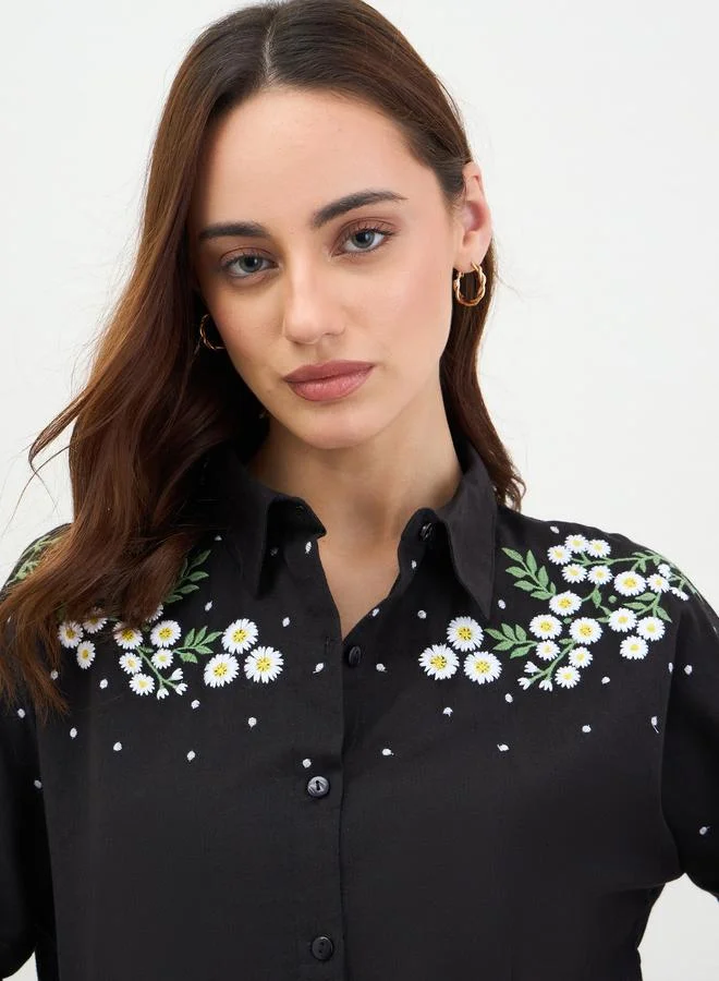 Styli Embroidered Shoulder Black Shirt