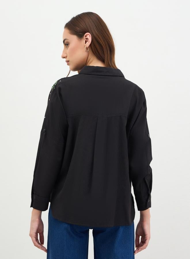 Styli Embroidered Shoulder Black Shirt - Image 4