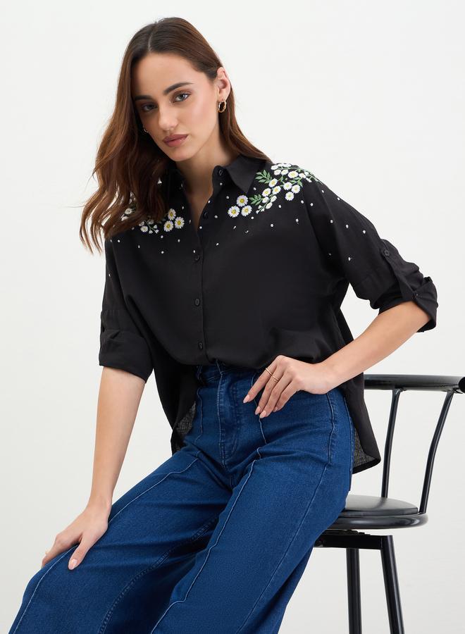 Styli Embroidered Shoulder Black Shirt - Image 3