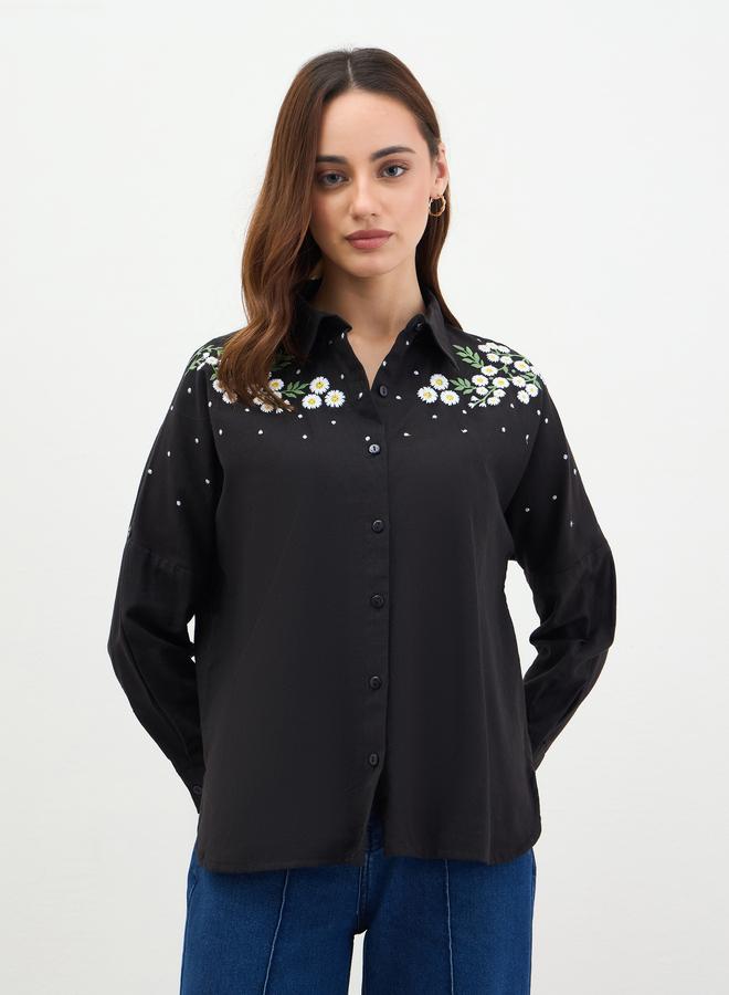 Styli Embroidered Shoulder Black Shirt - Image 5