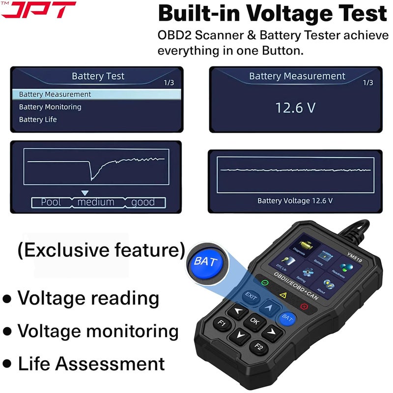 JPT OBD2 Scanner with Battery Tester – Universal Car Diagnostic Tool for Check Engine Light, Live Data, Emissions Readiness, Fault Code Reader, Plug & Play, Supports All OBDII Vehicles - Image 5