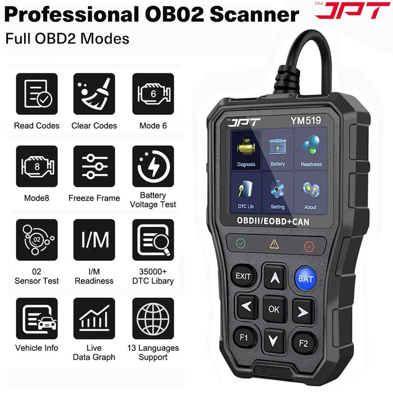 JPT OBD2 Scanner with Battery Tester – Universal Car Diagnostic Tool for Check Engine Light, Live Data, Emissions Readiness, Fault Code Reader, Plug & Play, Supports All OBDII Vehicles - Image 2