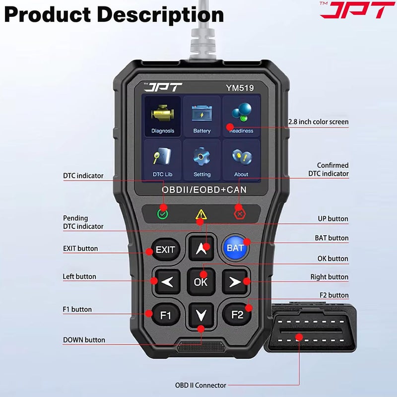 JPT OBD2 Scanner with Battery Tester – Universal Car Diagnostic Tool for Check Engine Light, Live Data, Emissions Readiness, Fault Code Reader, Plug & Play, Supports All OBDII Vehicles - Image 4