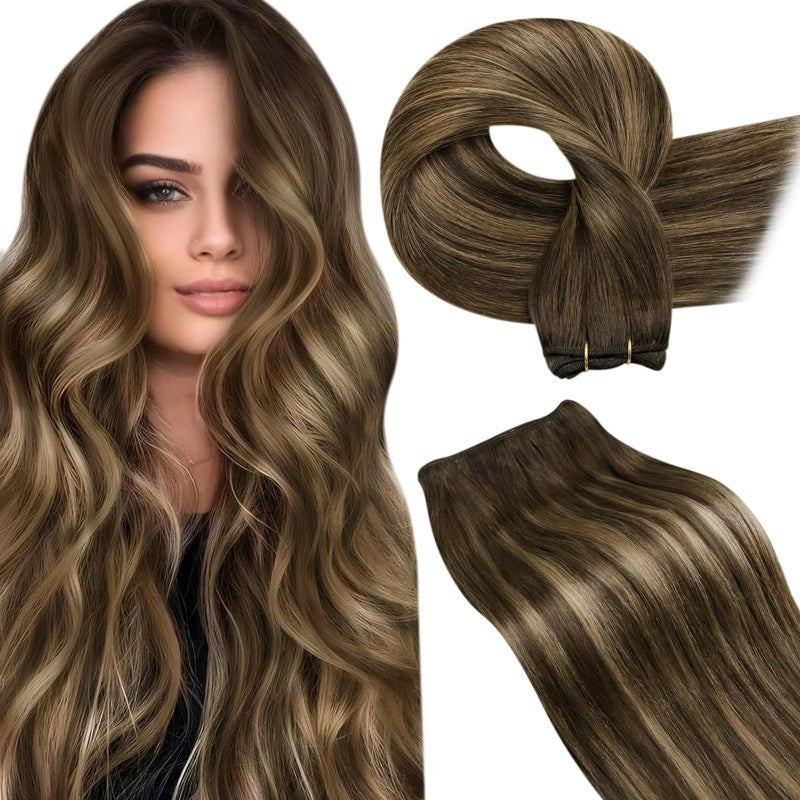 LaaVoo Weft Hair Extensions Human Hair 20 Inch Balayage Brown Sew in Hair Extension Real Human Hair Blonde Hair Extensions Real Human Hair Weft Long Straight 100g