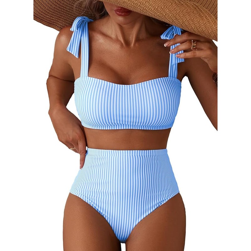 Herseas طقم بيكيني للنساء من هيرسيز مكون من قطعتين بتصميم مخطط بخصر مرتفع - Image 1