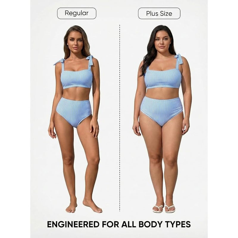 Herseas طقم بيكيني للنساء من هيرسيز مكون من قطعتين بتصميم مخطط بخصر مرتفع - Image 4