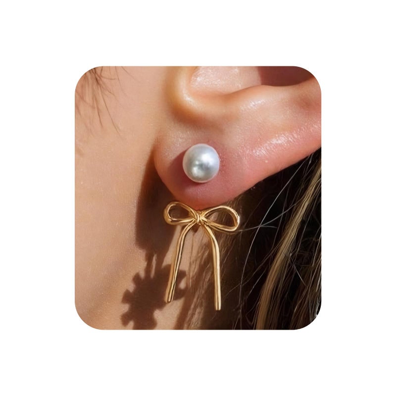 ecozran Elegant 14K Gold Plated Pearl Huggie Earrings for Women Trendy Hoop Earrings with Twisted Rope Bow Stud and Pearl - Ideal Jewelry Gift (Gold Bow-F) - Image 1
