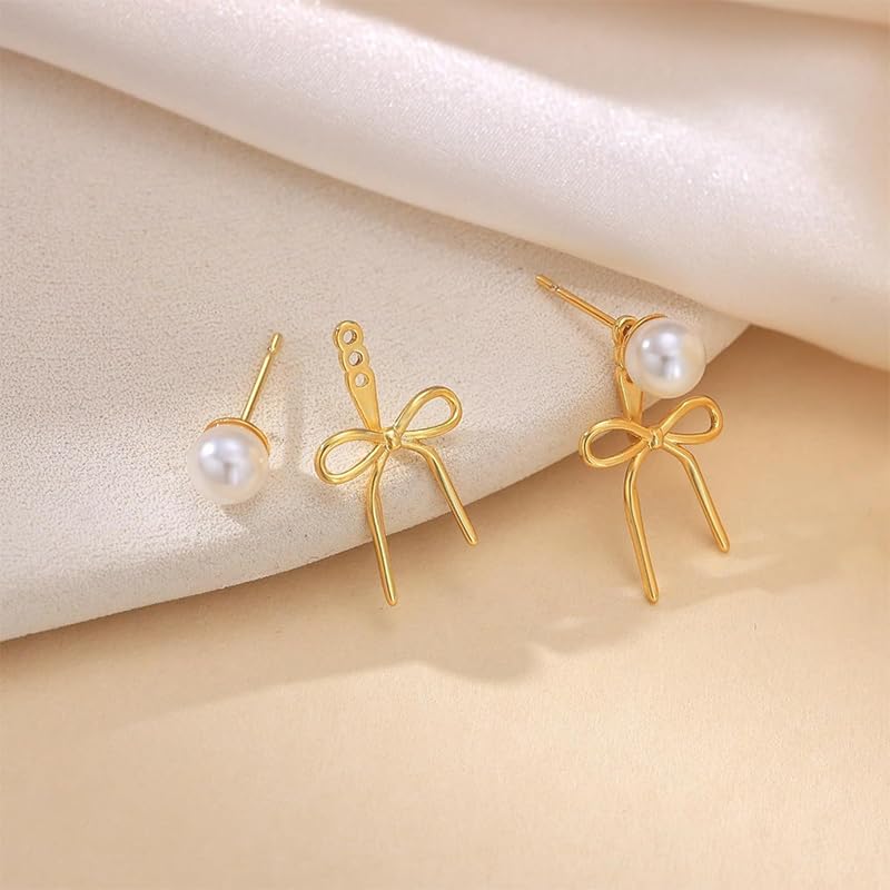 ecozran Elegant 14K Gold Plated Pearl Huggie Earrings for Women Trendy Hoop Earrings with Twisted Rope Bow Stud and Pearl - Ideal Jewelry Gift (Gold Bow-F) - Image 3