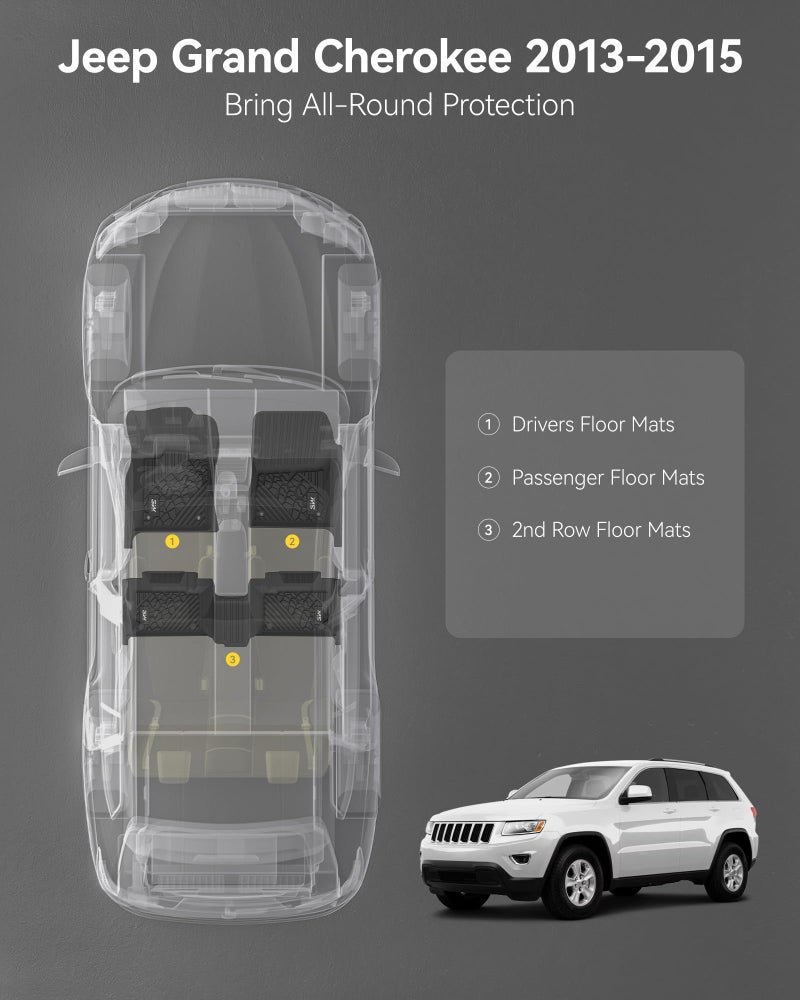 3W Floor Mats Compatible for Jeep Grand Cherokee 2013-2015 (Non L) TPE All Weather Custom Fit Floor Liner 1st and 2nd Row Full Set Car Mats, Black - Image 2