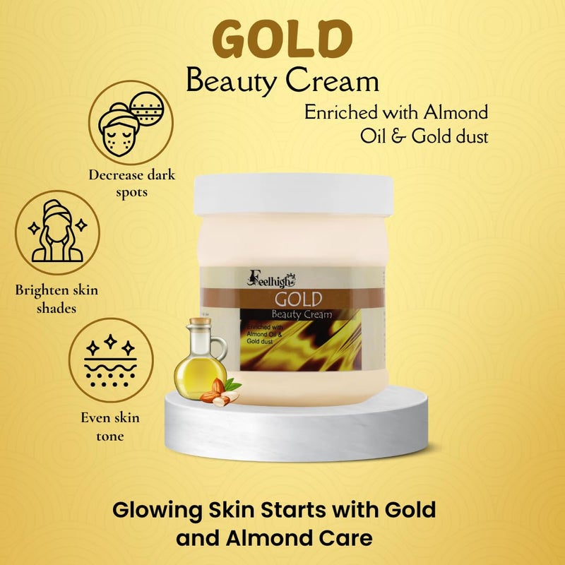 FEELHIGH Gold Beauty Face And Body Cream For Women and Men 500 Ml All Skin Types Soft and Healthy Skin Repairing Nourishment Deep Hydration Moisturization Enriched with almond Oil And Gold Dust - Image 2