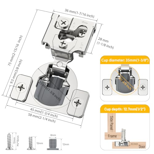 Furniware 20 Pack 10 Pairs 34 inch Overlay Soft Close Hinges for Face Frame Kitchen Cabinet Hinges Satin Nickel 3 Way Adjustability Concealed Soft Close Hinges Damper Self Closing - Image 3