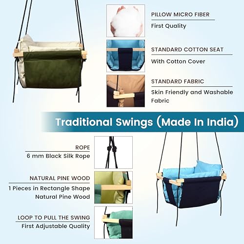 Sprointal® Swing for Kids | Wooden jhula for Kids | jhula for Baby | Baby Swing Hanging Indoor Outdoor | Baby Garden Swing with 2 Pillows (6 Months to 4 Years) (Up to 20 kg) (Black, Green) - Image 5