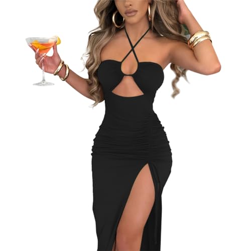 ITODA Sexy Cutout Bodycon Dress Halter High Slit Drawstring Midi Long Club Women Dress Black - Image 1