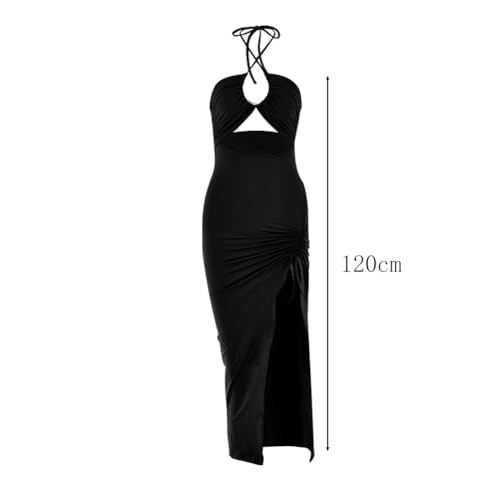 ITODA Sexy Cutout Bodycon Dress Halter High Slit Drawstring Midi Long Club Women Dress Black - Image 4