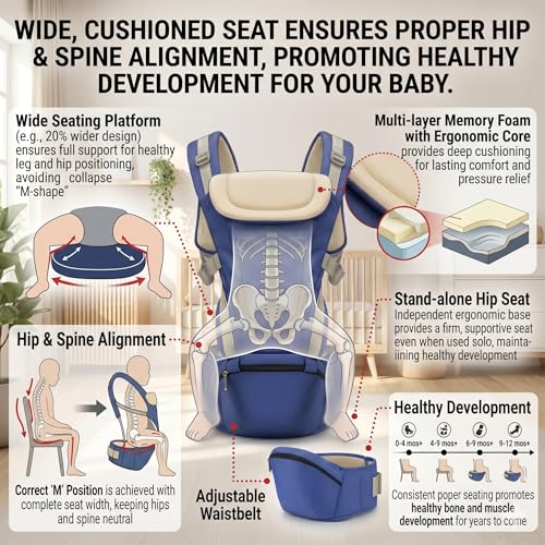 Safe-O-Kid Newborn Baby Carrier with Hip Seat, 4 in 1 Baby Carrier with Detachable Hip Seat, Ergonomically Designed, 3-36 Months, Upto 15KG, Blue - Image 4