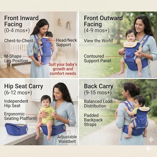 Safe-O-Kid Newborn Baby Carrier with Hip Seat, 4 in 1 Baby Carrier with Detachable Hip Seat, Ergonomically Designed, 3-36 Months, Upto 15KG, Blue - Image 3