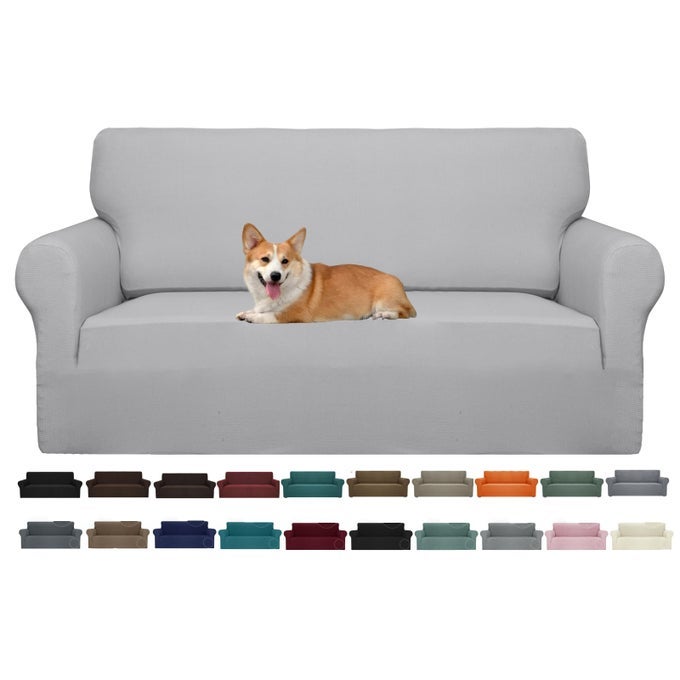 HIGH STRETCH 1PIECE JACQUARD SMALL CHECKS COUCH COVERS FOR 2 CUSHION COUCH ANTI SLIP LOVE SEAT SOFA COVERS LOVESEAT SLIPCOVERS PROTECTOR FOR KIDS PETS LOVESEAT LIGHT GRAY AND WHITE