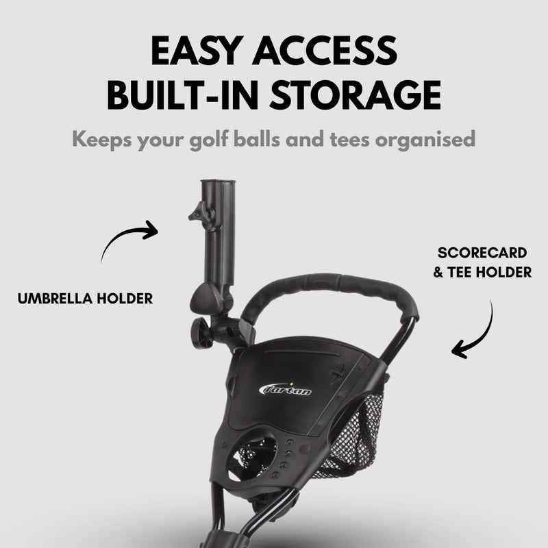 PRECISE Cruiser 3-Wheel Golf Push Cart with Foot Brake & Stabilizer Rods â€“ Folding Golf Trolley, Ergonomic Handle, Detachable Storage Bag, Scorecard & Cup Holder - Black/Black - Image 5
