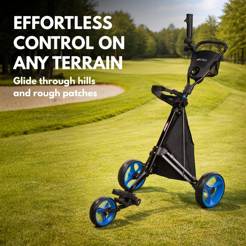 PRECISE Cruiser 3-Wheel Golf Push Cart with Foot Brake & Stabilizer Rods â€“ Folding Golf Trolley, Ergonomic Handle, Detachable Storage Bag, Scorecard & Cup Holder - Black/Black - Image 2