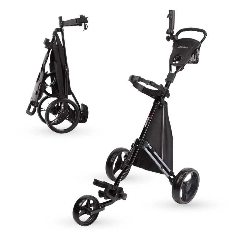 PRECISE Cruiser 3-Wheel Golf Push Cart with Foot Brake & Stabilizer Rods â€“ Folding Golf Trolley, Ergonomic Handle, Detachable Storage Bag, Scorecard & Cup Holder - Black/Black - Image 1