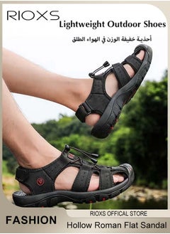 RIOXS Men's Summer Hollow Roman Flat Sandal, Round Closed Toe Sandals, Leather Fisherman Sandals, Athletic Sport Casual Sandals, Waterproof Beach Water Sandals, Lightweight Walking Slids Sandals  - Image 5