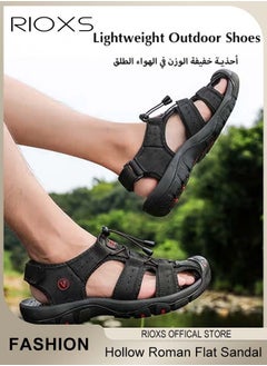 RIOXS Men's Summer Hollow Roman Flat Sandal, Round Closed Toe Sandals, Leather Fisherman Sandals, Athletic Sport Casual Sandals, Waterproof Beach Water Sandals, Lightweight Walking Slids Sandals  - Image 5