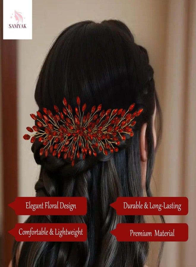 سامياك دبوس شعر سامياك على شكل ورقة شجر، مزين بالخرز وأحجار الراين، دبوس شعر للعروس ووصيفات العروس (أحمر) - Image 3