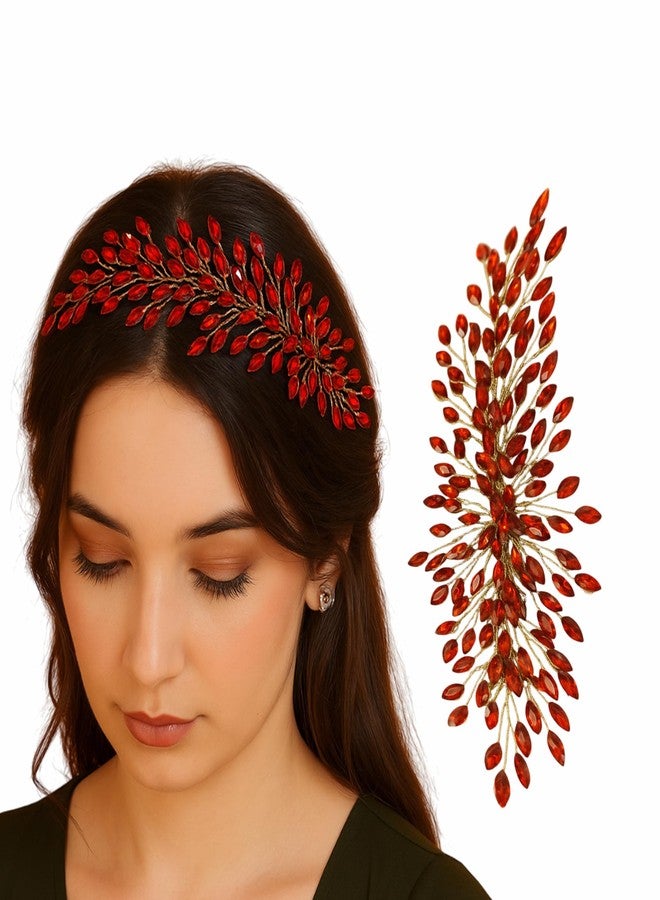 سامياك دبوس شعر سامياك على شكل ورقة شجر، مزين بالخرز وأحجار الراين، دبوس شعر للعروس ووصيفات العروس (أحمر) - Image 2