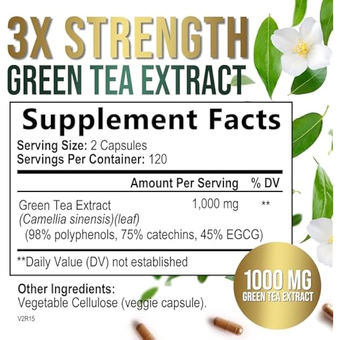 SilverOnyx Green Tea Extract 1000mg Per Serving - 98% Polyphenols & 45% EGCG Capsules, Heart Support with Antioxidants - 3X Absorption Green Tea Pills Supplement, Natural Energy, Gentle Caffeine - 240 Capsules - Image 2