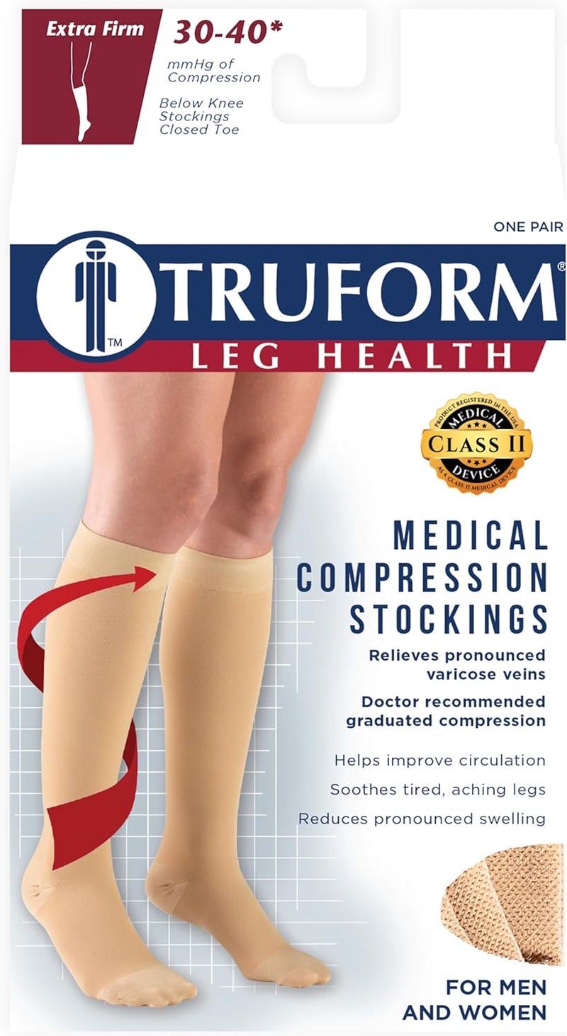 Truform جوارب ضغط Truform 30-40 مم زئبقي للرجال والنساء، بطول يصل إلى الركبة، مع طرف مغلق، بيج، كبير جداً - Image 4