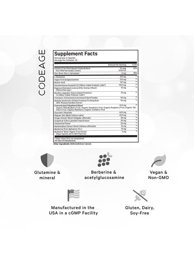 Codeage Leaky Gut Supplement, L-Glutamine, N-Acetylglucosamine, Probiotic, Butyric Acid, Polyphenols, Quercetin, DGL, Marshmallow Root, Berberine, BioPerine, Cinnamon, Vegan, Non-GMO, 60 Capsules - Image 2