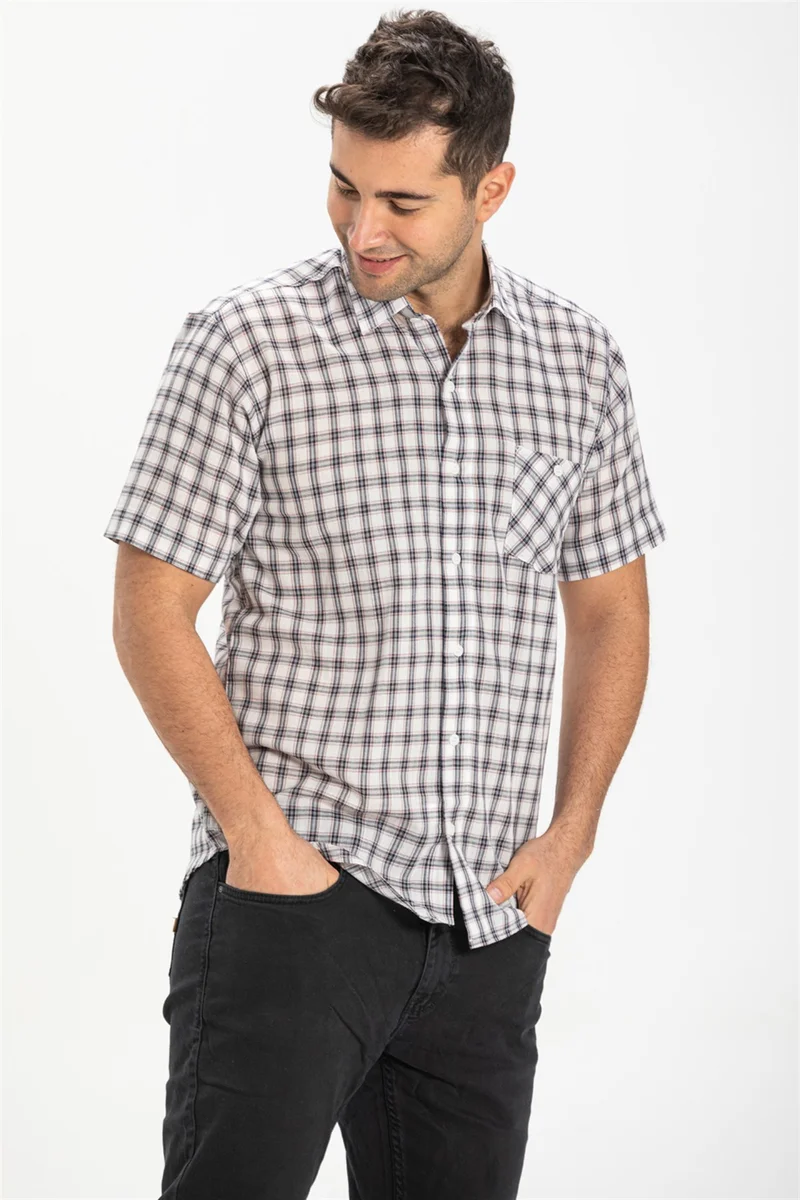 Eliş Şile Bezi Short Sleeve Şile Cloth Single Pocket Men's Shirt Smoked Plaid 3039