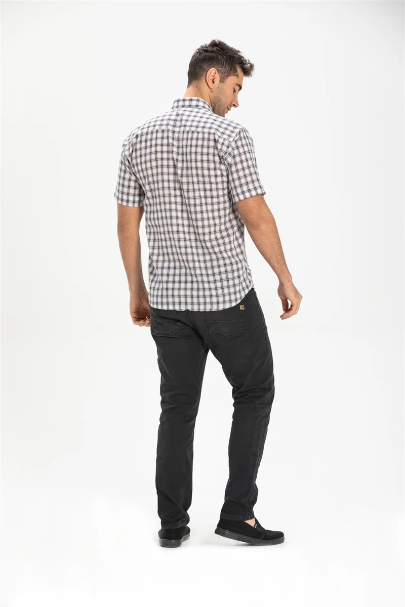 Eliş Şile Bezi Short Sleeve Şile Cloth Single Pocket Men's Shirt Smoked Plaid 3039
