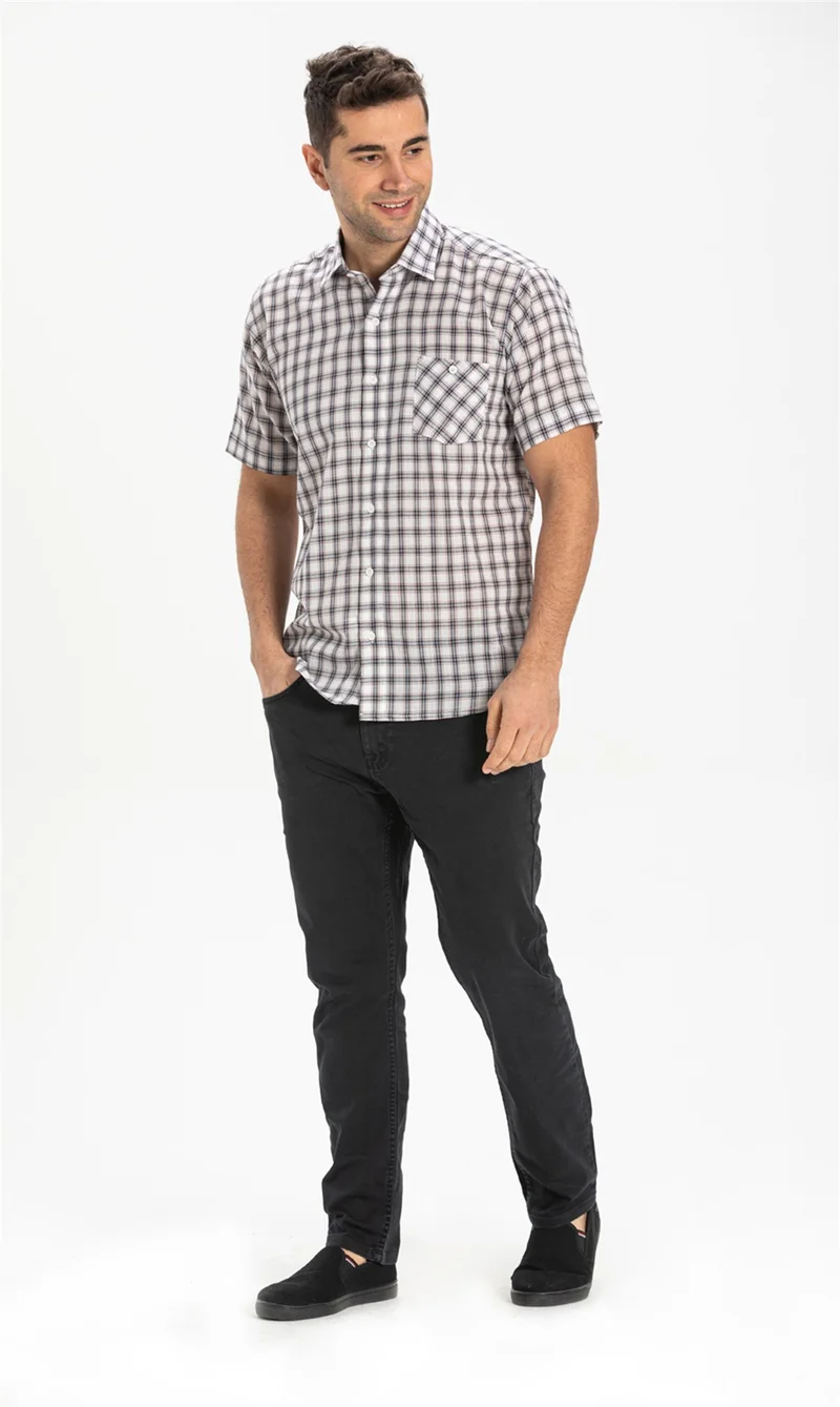 Eliş Şile Bezi Short Sleeve Şile Cloth Single Pocket Men's Shirt Smoked Plaid 3039