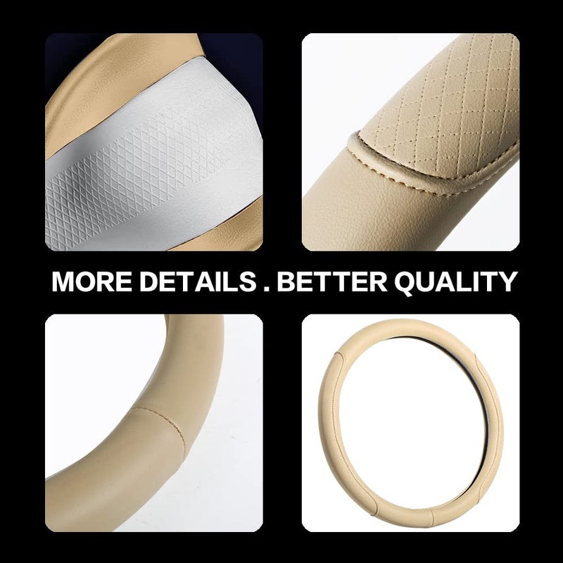 VARGTR Microfiber Leather Steering Wheel Cover with Classic Embossing, Anti-Slip Breathable Auto Car Wheel Protector, Fit 15 Inch (Beige) - Image 4