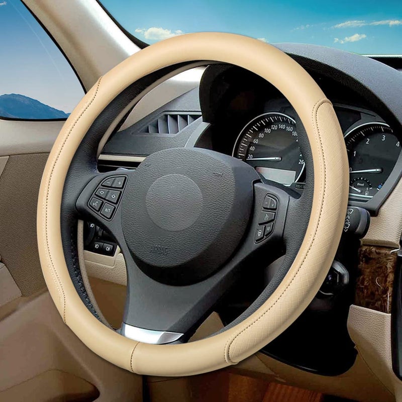 VARGTR Microfiber Leather Steering Wheel Cover with Classic Embossing, Anti-Slip Breathable Auto Car Wheel Protector, Fit 15 Inch (Beige) - Image 1